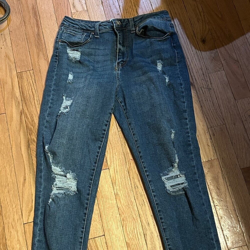 Womens Wax Distressed‎ Staight Leg Jeans Medium Wash Denim Size 11 30" Inseam